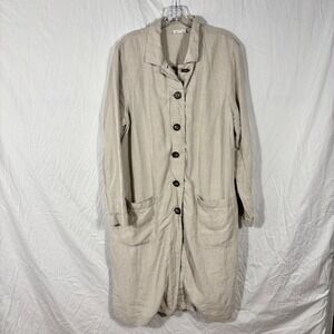 J. Jill Love 100% Linen Duster Coat Size L Pockets Tan Minimalist Button Up
